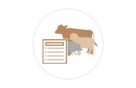 Icon: Stilisierte Kuh mit Schaf und Schwein vor einer Checkliste