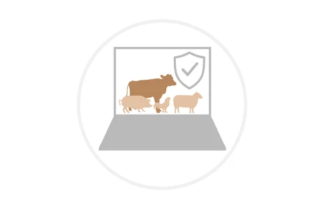 Icon: Stilisierter Laptop mit brauner Kuh, beigem Schwein, beigem Huhn, beigem Schaf und grauen Schild mit Haken