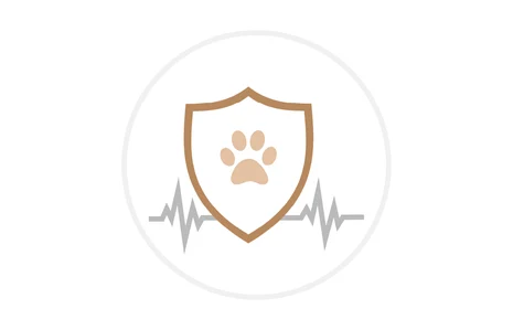 Icon: stilisiertes, braunes Schild mit beiger Pfote und grauer EKG-Linie darunter
