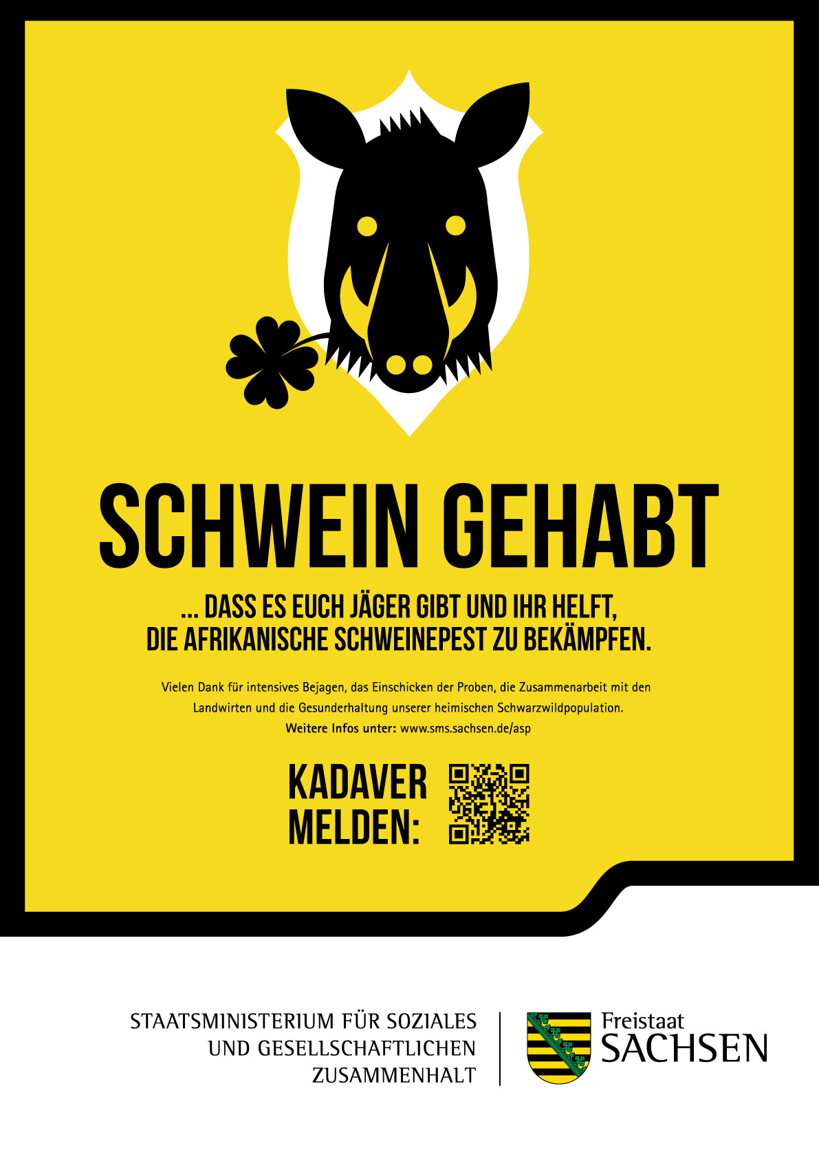 Anzeige mit dem Slogan "Schwein gehabt... dass es Euch Jäger gibt und Ihr helft, die Afrikanische Schweinepest zu verhindern." Darüber ist eine Illustration, die einen Wildschweinkopf als Jagdtrophäe stilisiert.