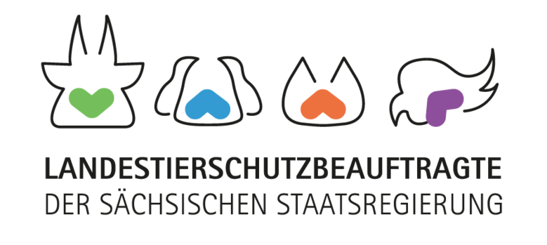 Grafik Logo der Tierschutzbeauftragten: Darstellungen einer Kuh, Hund, Katze und Vogel. Darunter die Schrift »Landestierschutzbeauftragte der Sächsischen Staatsregierung«