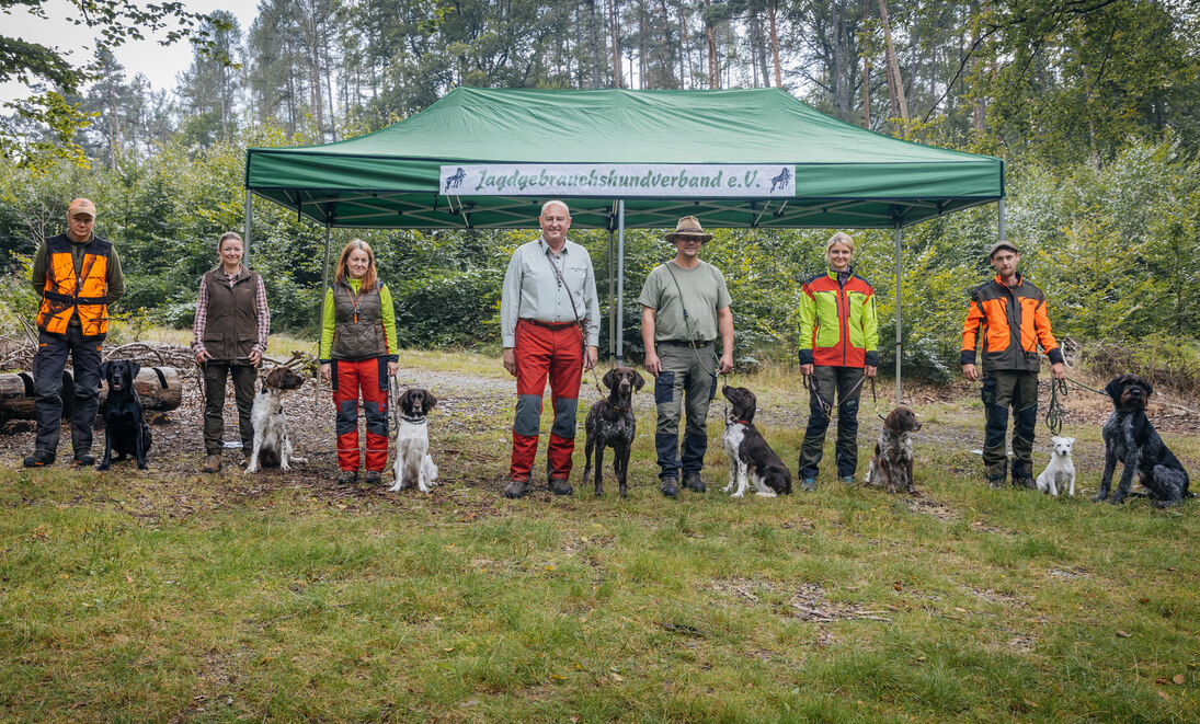 Sieben Hundehalter und Hundehalterinnen stehen mit ihren acht Hunden in einer Reihe im Wald.